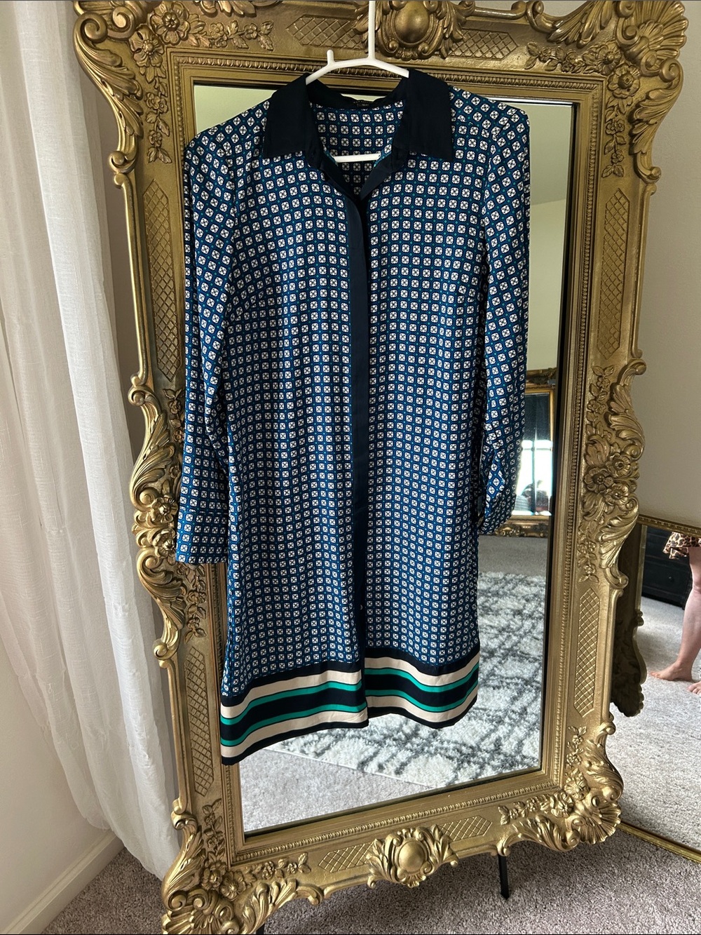 Ann Taylor Navy and White Printed Shift Dress with Teal Stripes